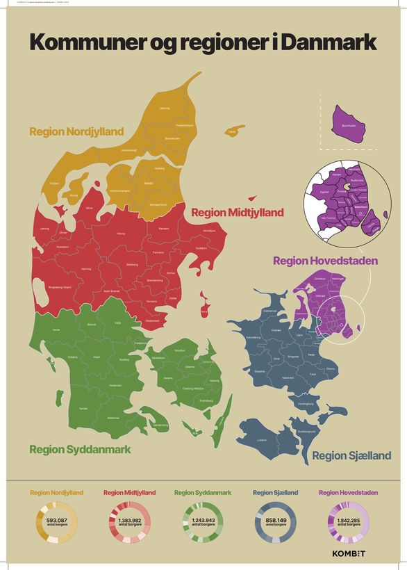 A1-plakat med kort over Danmarks kommuner og regioner